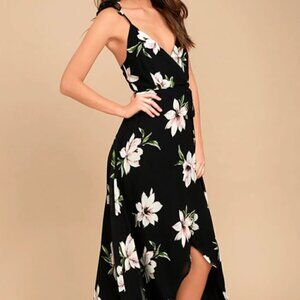 Lulus NWT All Mine Black Floral Print High-Low Lined Maxi Wrap Dress Size XS